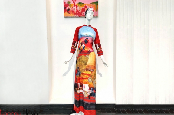  Vietnamese long dress printed with gongs-Style 2